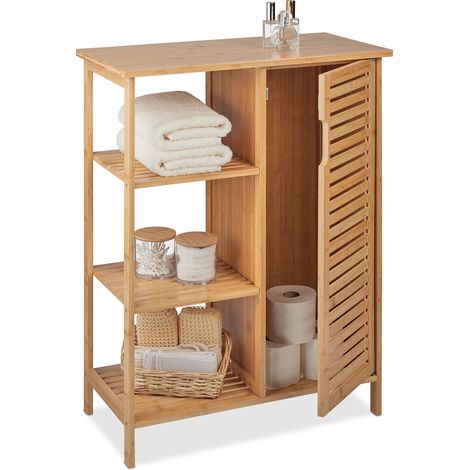 Relaxdays Badschrank Bambus, 3 offene Ablagen & Schrankfach, HBT: 87,5 x 67 x 33 cm, stehendes Badregal mit Tür, natur