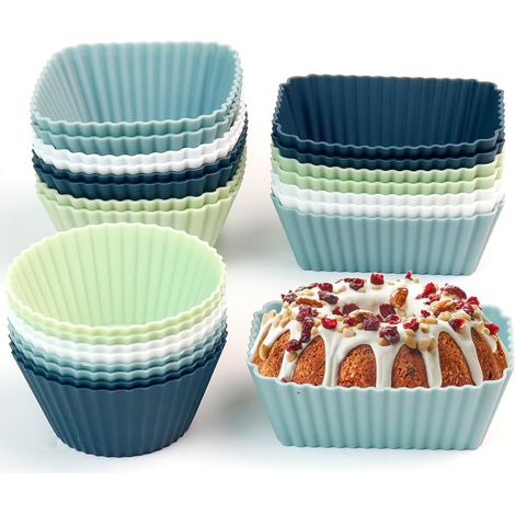 Moules à muffins en silicone Réutilisables Moules - 24 pièces Moules à cupcakes Trois modèles Rectangle,Carré,Cercle,Sans BPA Moules à gâteaux en silicone pour gâteaux,crème et pudding (1/5)