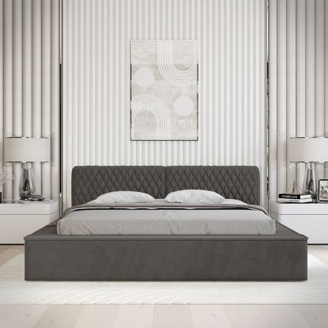 Lit coffre VERNON – Stoff Schlingenflor Anthrazit tief – 180x200 cm – Lattenrost zum Anheben – Hochwertiges Design