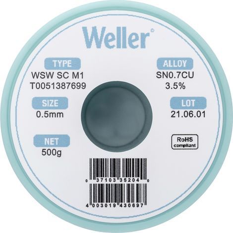 Weller WSW SC M1 Lötzinn, bleifrei Spule Sn0,7Cu  500 g 0.5 mm