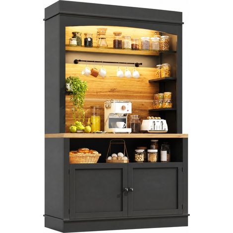 Buffet de cuisine haut noir 107x43x184 cm avec LED USB, rangement ouvert, porte double, crochets à tasses et anti-basculement, idéal cuisine-salon – CHICFURN (1/5)