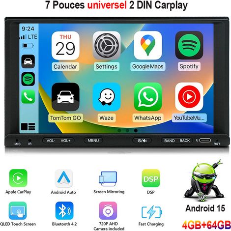 Autoradio double DIN 7 pouces avec CarPlay, GPS, Android, écran tactile 15 pouces, 64 Go, RDS, commandes au volant, Bluetooth 4.1 - 4+64G (1/5)