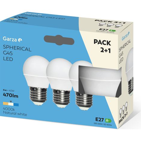 Bombilla LED esférica 6W casquillo E27 220º 470 lumenes Pack 2+1