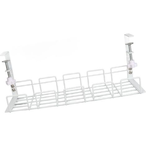 Range-câbles sous bureau acier blanc 40,5 cm gain de place charge lourde bac de rangement de fils bureau plan de travail avec 2 supports 2 clés 4 écrous 4 vis (1/5)