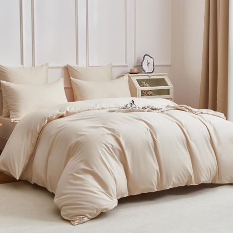 Parure de lit 3 pièces 200 x 220 cm - Beige uni - 100 % coton peigné - Lisse - Brillant - Doux et respirant - Avec fermeture éclair et 2 taies d'oreiller de 80 x 80 cm (1/5)