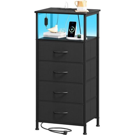 Commode 4 tiroirs avec chargeur USB, prise et LED, noir (1/5)