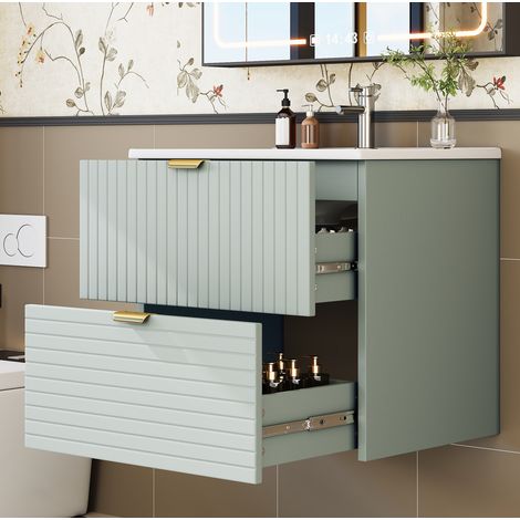 Mobile lavabo sospeso in MDF e ceramica verde menta 61x46x57 cm con 2 cassetti soft-close (1/5)
