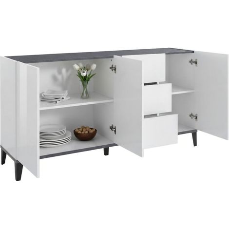 Dmora Credenza moderna a 3 ante e 3 cassetti, Made in Italy, Madia da cucina rialzata, Buffet di design da soggiorno, Cm 160x40h82, Bianco lucido e Ardesia, con imballo rinforzato