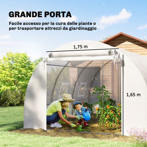 Serre tunnel en acier galvanisé et PE blanc 396x300x200 cm avec 2 arceaux amovibles pour portes et fenêtres grillagées (1/5)