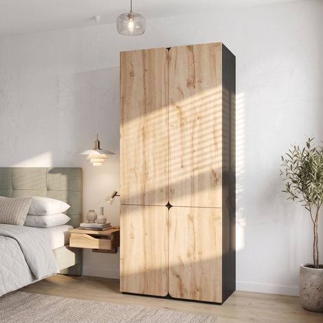 Armoire chambre 90x50x200 cm, Penderie dressing moderne avec penderie et tiroirs, MDF effet chêne 4 portes 3 tiroirs, Bois (1/5)