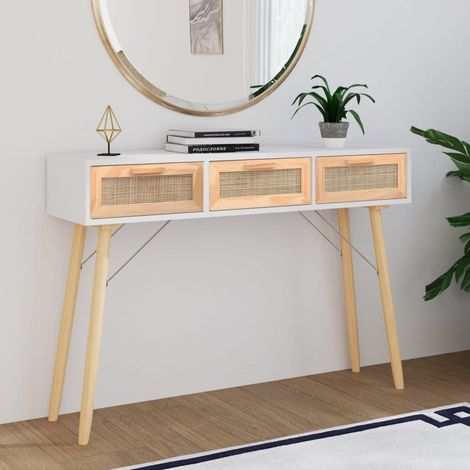 Table console Table d'entrée Bout de Canapé Blanc 105x30x75 cm Bois massif pin /rotin naturel 76678 (1/5)