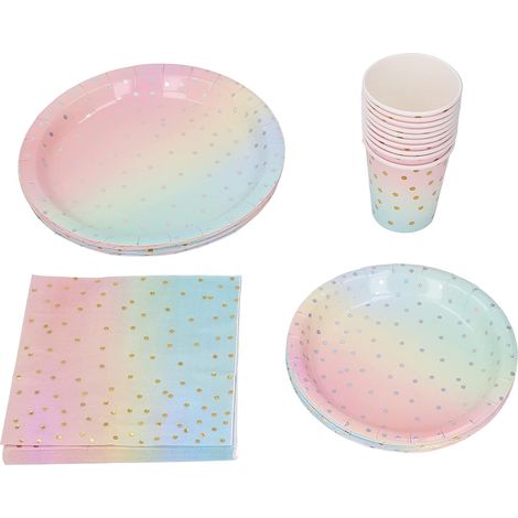 Assiettes Tasses Serviettes Ensembles, Jetable Sûr Et Non Toxique Fond Arc-en-Ciel Doré Motif à Pois Gobelet en Papier Assiette Ensemble De Mouchoirs Fournitures De Fête (1/5)