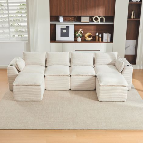 Sofá cama modulable 4 plazas con 2 pufs, cojines, portavasos y 2 bolsillos laterales, en terciopelo acanalado beige (1/5)