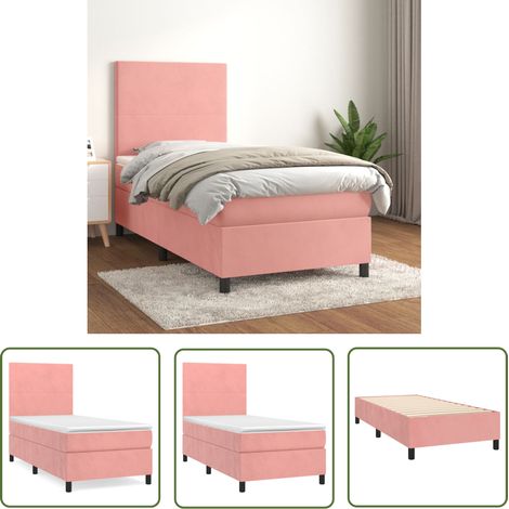 The Living Store Sommier à lattes de lit avec matelas Rose 90x190 cm Velours - Lit Plateforme - Lit Double - Lit Capitonné - Lit Velours - Literie (1/5)