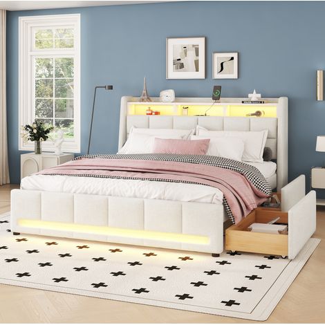 Letto imbottito in lino beige 140x200 cm con LED, USB, cassetti e vano contenitore (1/5)