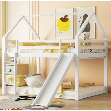 Hausbett Etagenbett Weiß aus Holz 140x200 cm mit Leiter und Rutsche, Lattenroste