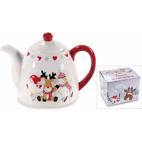 Teiere natalizie in ceramica stampa Babbo Natale, renna e pupazzo di neve con dettagli in rilievo, set da 3 pezzi, cm 20 x 13 x 14 H