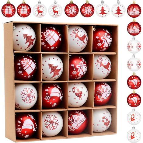 Set mit 16 Kunststoff-Weihnachtskugeln – Weihnachtsdekoration – Christbaumkugeln mit Schnur – Rot und Weiß – Weihnachtsdekoration – Weihnachtsdekoration für drinnen und draußen (B) (1/5)