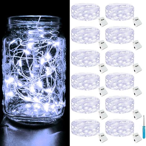 Lot de 12 mini guirlandes LED à pile, 2 m, 20 LED, 3 modes, IP65 étanche, pour déco intérieure et extérieure. (1/5)