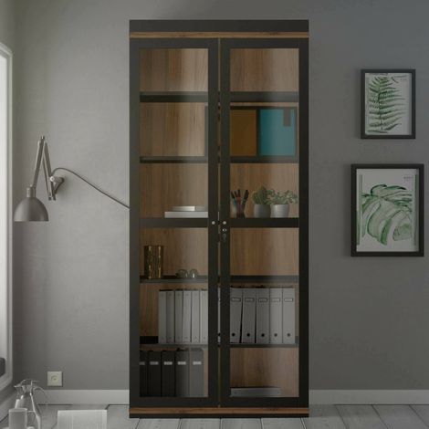 Dmora - Vitrina Axinte, Aparador de exposición, Vitrina multiusos, Aparador de salón, 89x36 h200 cm, Negro y Nogal