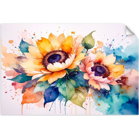 Selbstklebendes Poster – Wandsticker Sonnenblumen Blumen Aquarell 90x60 cm (1/3)