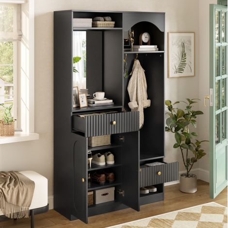 Mueble de almacenamiento de entrada con espejo, banco y ganchos, 100 x 35 x 180 cm, negro DESVIAE (1/5)