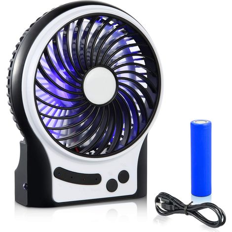 Ventilateur De Bureau - 3 Vitesses - Batterie Rechargeable 2200 mAh - Éclairage LED Bleu Et Latéral - Portable USB - 12,7 cm - Noir (1/5)