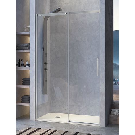 Mampara de Ducha Frontal - 1 Hoja Fija y 1 Puerta Corredera - Cristal de Seguridad de 8 mm - Modelo Luna 2 (116 - 120 cm) (1/4)
