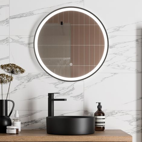 Aquari Round LED Mirror Illuminated Touch Bathroom Demister Mains Powered Matt Black (1/4)