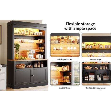 Meuble de cuisine haut noir en MDF avec éclairage LED USB, étagères ouvertes et rangements pour cuisine, salon et salle à manger (1/5)