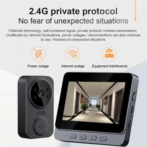 Sonnette vidéo sans fil avec vision nocturne infrarouge 2,4 GHz, écran IPS 4,3 pouces et interphone bidirectionnel. (1/5)