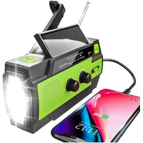 Radio solaire AM/FM, portable, avec batterie rechargeable 4000 mAh, lampe de poche LED verte