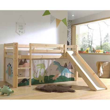 Cama media altura 90x200 con tobogán, somier y funda Dino Vipack Pino Madera (1/4)