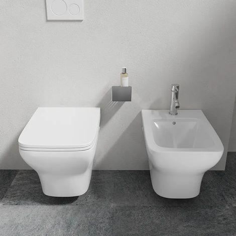 Paire de sanitaires suspendus sans rebord en céramique blanche avec WC, bidet et couvercles Soft-close Mod. Havana