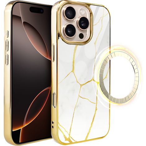 iPhone 16 Pro ibizu Elite Glashülle mit MagSafe, Kintsugi, weißes Porzellan, Gold (1/5)
