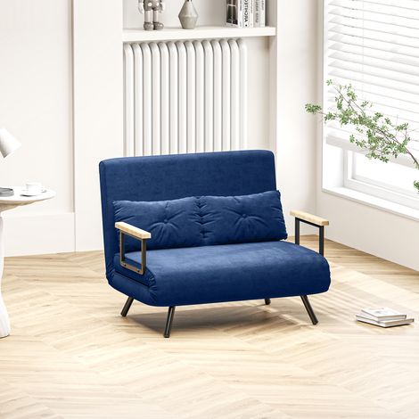 Couleur bleu tendance - Canapé-lit 2 places 4 pieds, dossier 5 positions, 2 coussins, velours, canapé convertible dimensions 102x73x81 cm