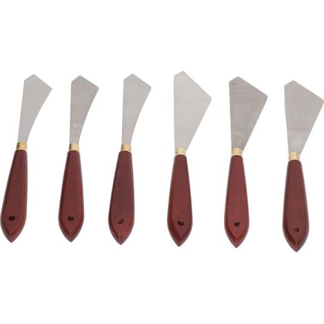 Ensemble de 6 couteaux à palette avec lames en acier inoxydable et manches en bois, largement utilisés pour la peinture et le mélange des couleurs.