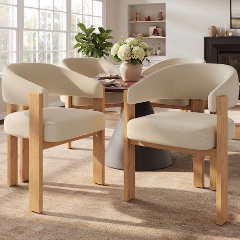 Set di 4 sedie ergonomiche, 49x47x78 cm, con seduta imbottita, gambe in metallo effetto legno e rivestimento in flanella beige naturale. (1/5)