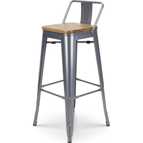 Barhocker im Industriestil mit Rückenlehne aus silbernem Metall und Sitz aus hellem Holz - Höhe 76 cm