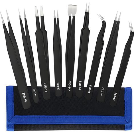 Set di 9 pinzette di precisione ESD, pinzette per modellismo con custodia inclusa, in acciaio inossidabile, antistatiche, con punta fine, ideali per elettronica, gioielleria, riparazione di apparecchi (1/5)