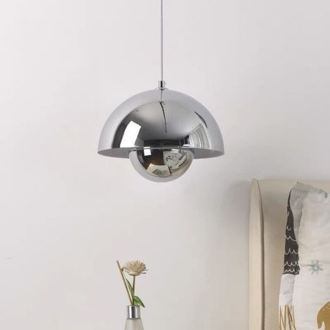 Lustre, Suspension Moderne, Plafonnier Suspendu avec Ampoule, Lampe Suspendue en Métal, Lumière Blanche, 23cm (Chrome) (1/4)