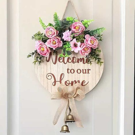 Panneau Porte En Bois - Motif Bienvenue - Décoration Extérieure Et Intérieure - Clochette Et Guirlande Artificielle - 30 cm - 1 Pièce (1/5)