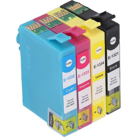 Cartouches d'encre (4 pièces) : noir, cyan, magenta, jaune. Cartouches d'encre transparentes, précises et résistantes à la décoloration pour imprimante à stylet T1321, T1332, T1333 et T1334. (1/5)