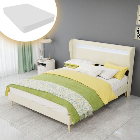 Letto imbottito moderno beige 140x200 cm con testiera regolabile e LED integrato, struttura in metallo