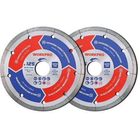 Workpro – Disque à lamelles ultra-fin 125 mm – Lot de 2 – Coupe à sec et à l'eau – Pour carrelage, céramique, béton, marbre – Vitesse max 12 250 tr/min