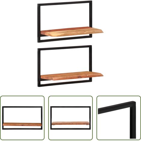 Bois d'acacia - Étagères murales 2 pcs 60x25x35 cm Bois d'acacia et acier (1/5)