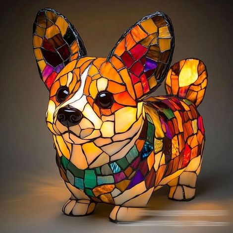 Stained Glass Animal Lamp - Vintage Cat Shaped Stained Glass Lamp, Handmade Colorful Decorative LED Night Light for Home and Bedroom, Corgi B