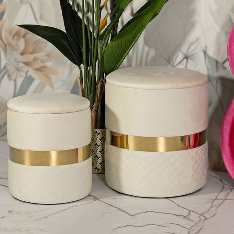 Pouf Contenitore Maun, set da 2, Forma Rotondo, Colore Struttura oro, 37x37x42h cm Bianco Crema (1/5)