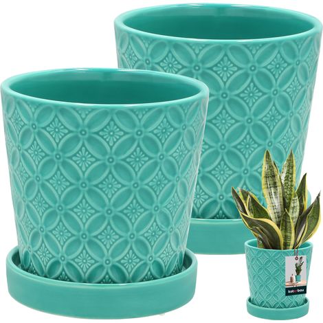 KOTARBAU® 2 pezzi Vaso da fiori rotondo turchese 13 cm Vaso da fiori con sottovaso in ceramica smaltata Vaso per fiori ed erbe aromatiche Copertura per piante
