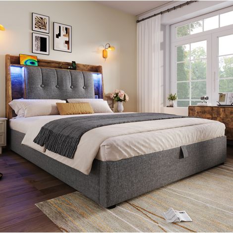 Cama 90x200 con almacenaje y USB lino gris OKMYHOME (1/5)